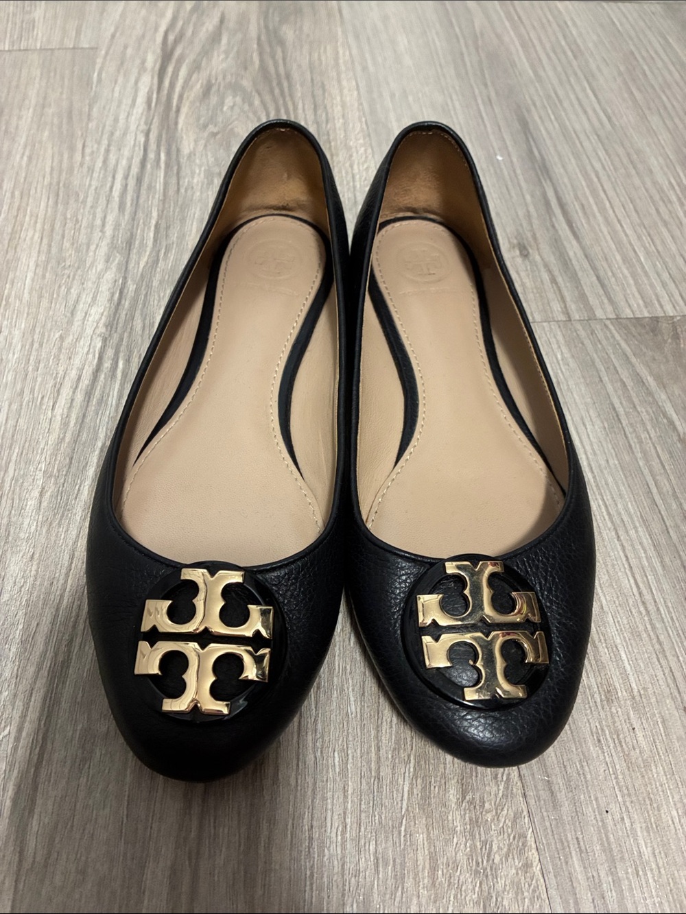Tory Burch Black Leather Logo-Embellished Ballet Flats